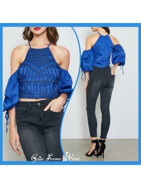 Chic Royal Blue Boho Crochet Front Cold Shoulder Crop Top